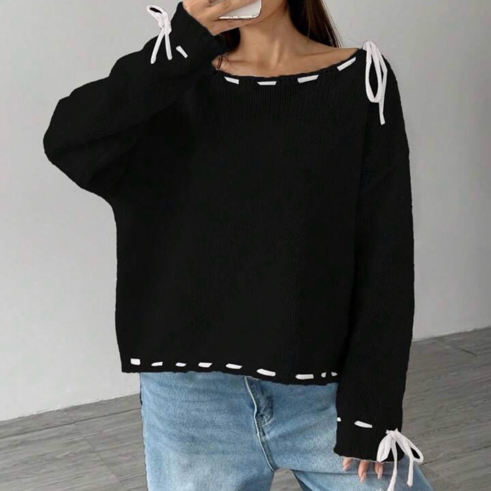 SHEIN Flirla Off-Shoulder Black Sweater with White Bow Tie Accents